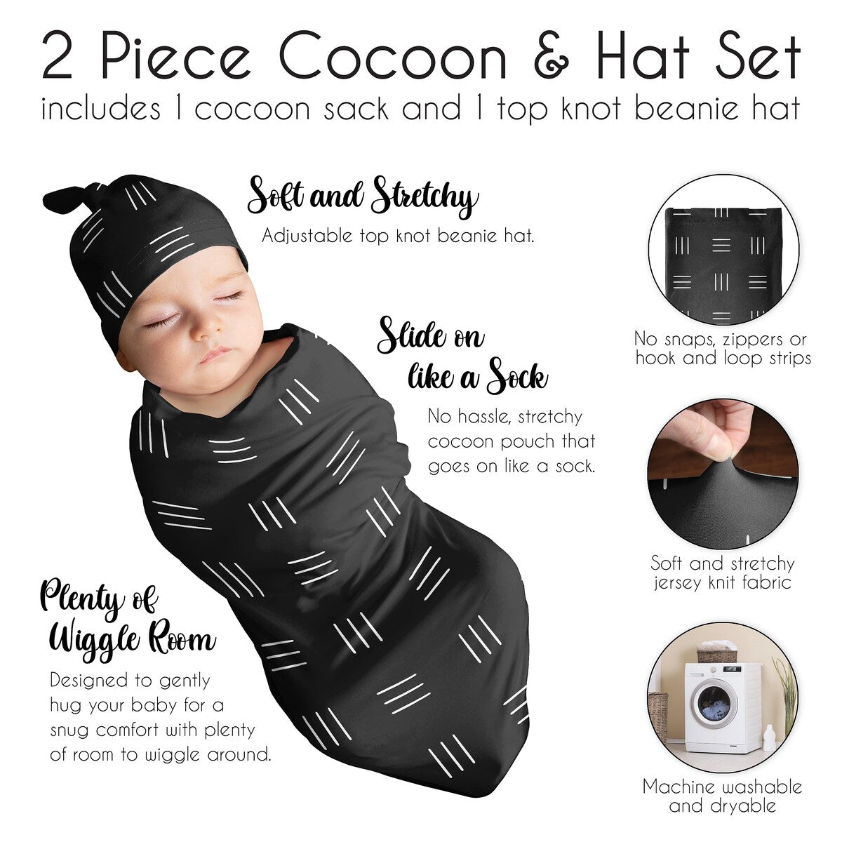 Black and White Boho Mudcloth Baby Cocoon and Beanie Hat Sleep Sack 2pc White Black Bohemian Woodland Southwest Gender Neutral