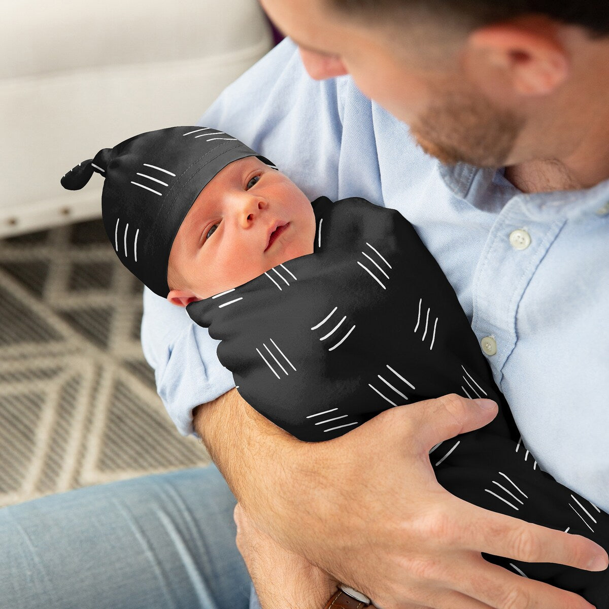 Black and White Boho Mudcloth Baby Cocoon and Beanie Hat Sleep Sack 2pc White Black Bohemian Woodland Southwest Gender Neutral