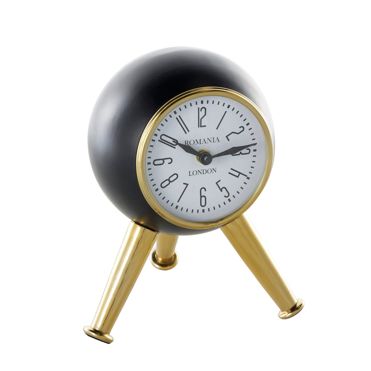 Black or Silver Metal Orb Tabletop Clock with White Clockface and Gold Tripod Legs