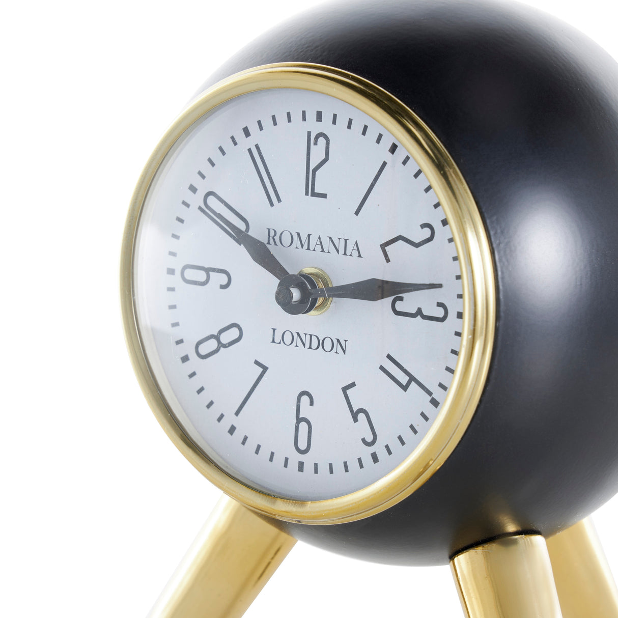 Black or Silver Metal Orb Tabletop Clock with White Clockface and Gold Tripod Legs