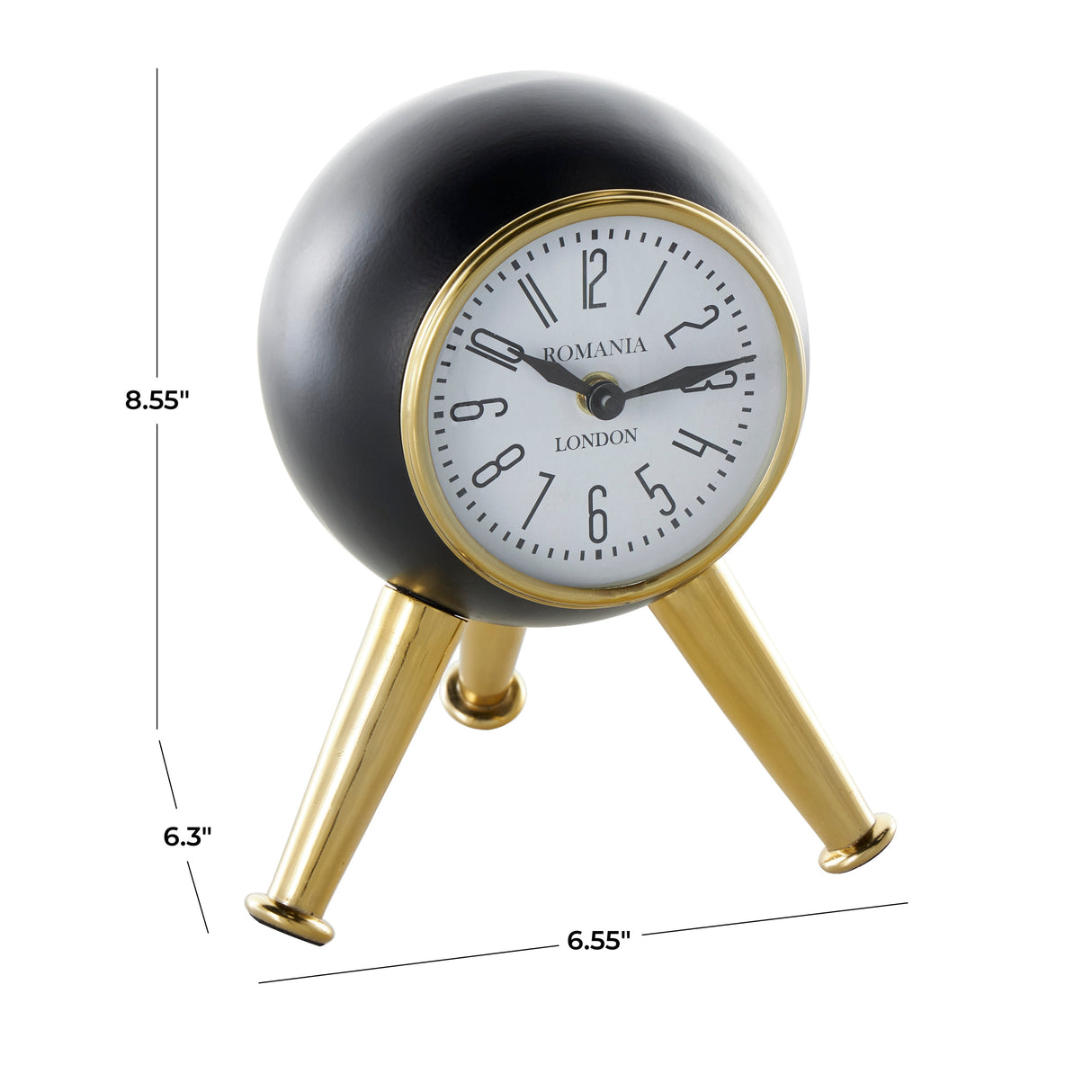 Black or Silver Metal Orb Tabletop Clock with White Clockface and Gold Tripod Legs