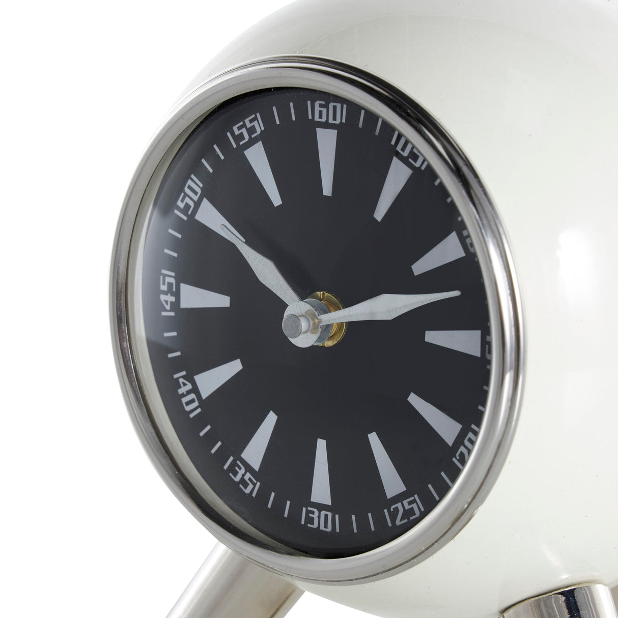 Black or Silver Metal Orb Tabletop Clock with White Clockface and Gold Tripod Legs