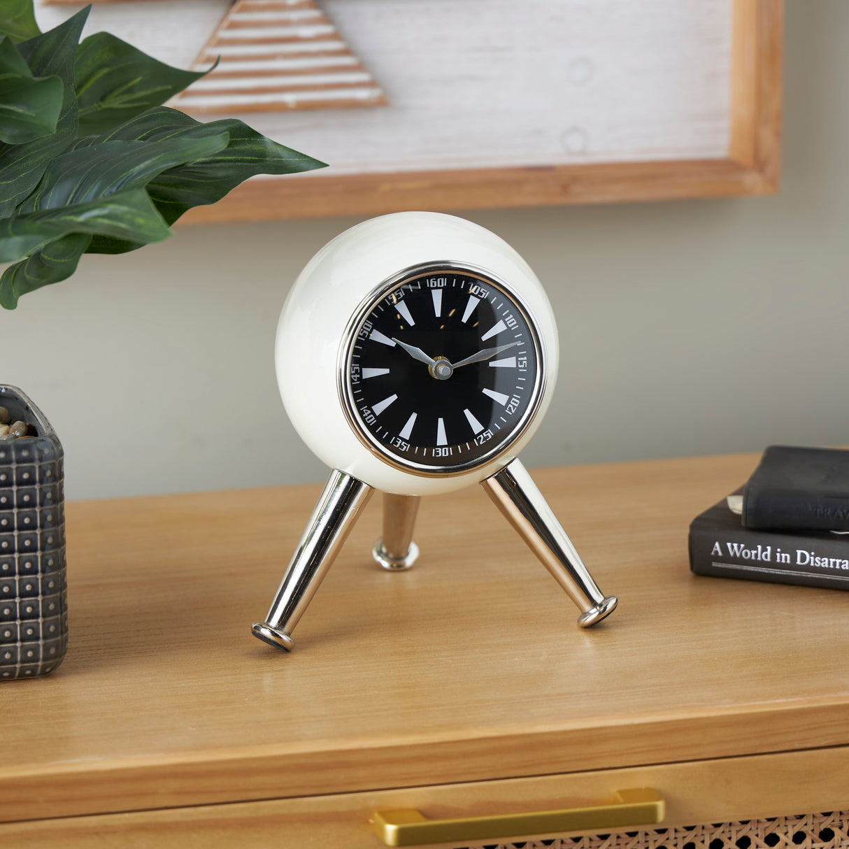 Black or Silver Metal Orb Tabletop Clock with White Clockface and Gold Tripod Legs
