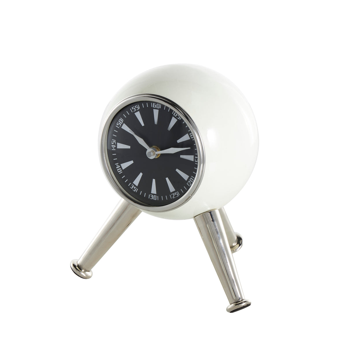 Black or Silver Metal Orb Tabletop Clock with White Clockface and Gold Tripod Legs