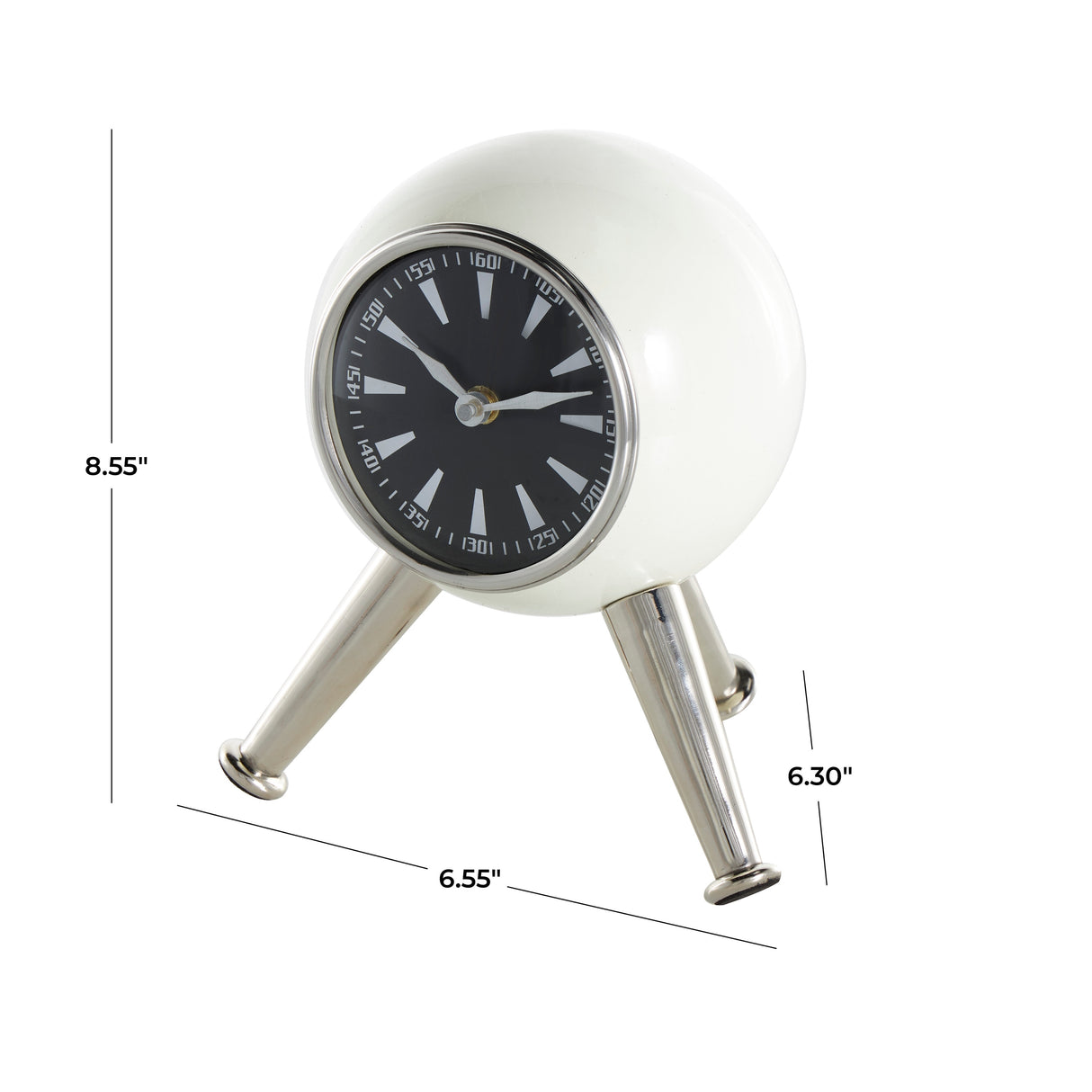 Black or Silver Metal Orb Tabletop Clock with White Clockface and Gold Tripod Legs