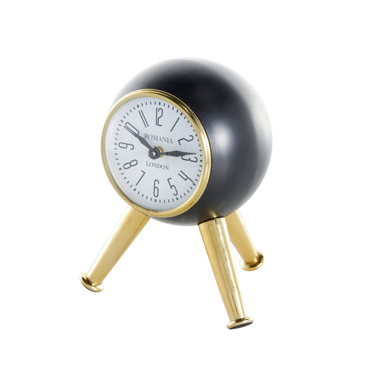 Black or Silver Metal Orb Tabletop Clock with White Clockface and Gold Tripod Legs