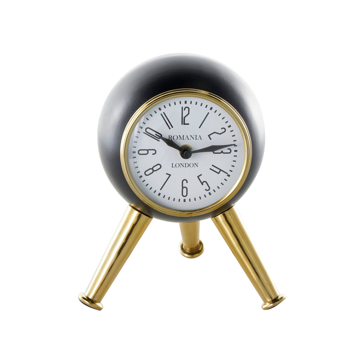 Black or Silver Metal Orb Tabletop Clock with White Clockface and Gold Tripod Legs