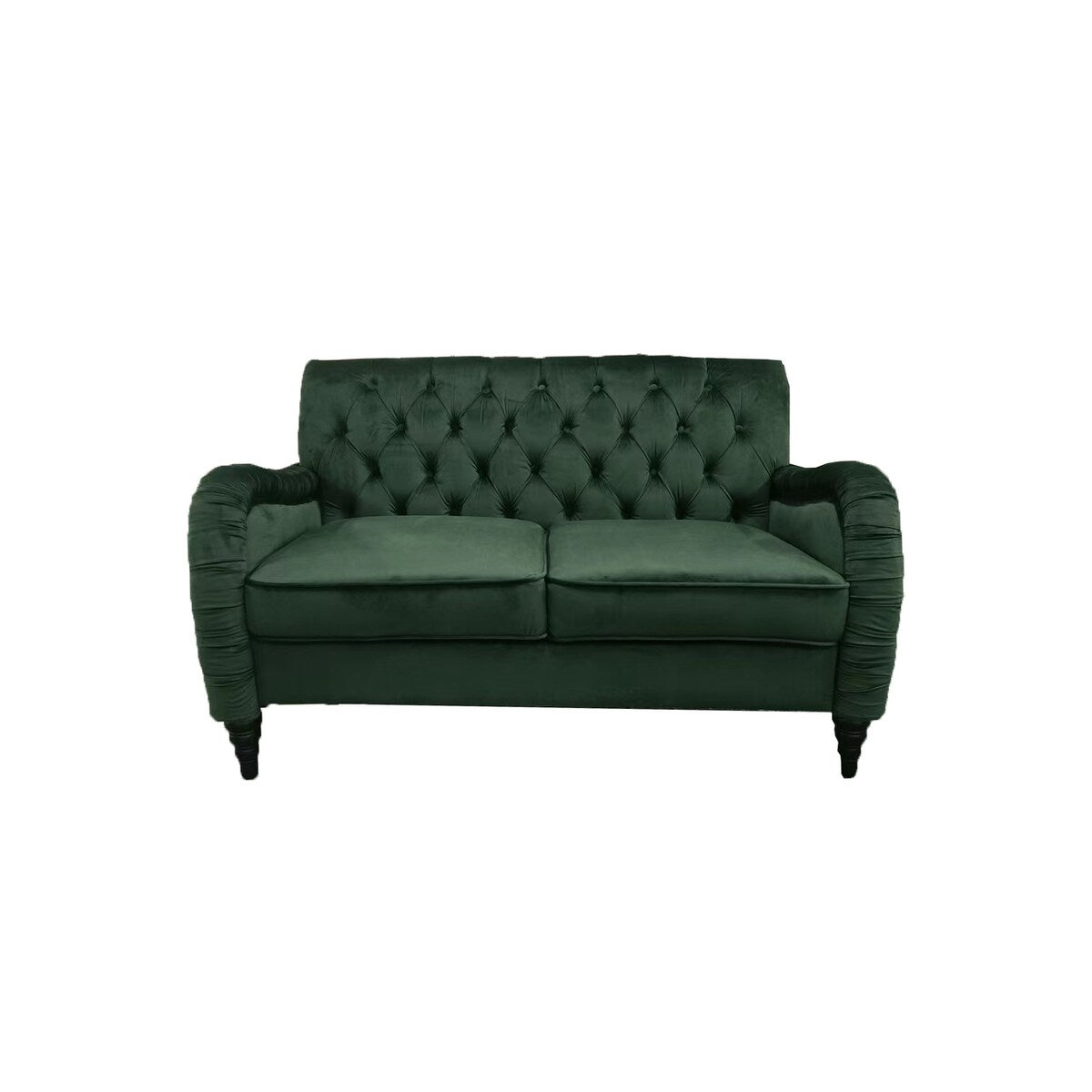Blackish Green Buttons Tufted Velvet Loveseater Sofa w/ Wrinkled Arms