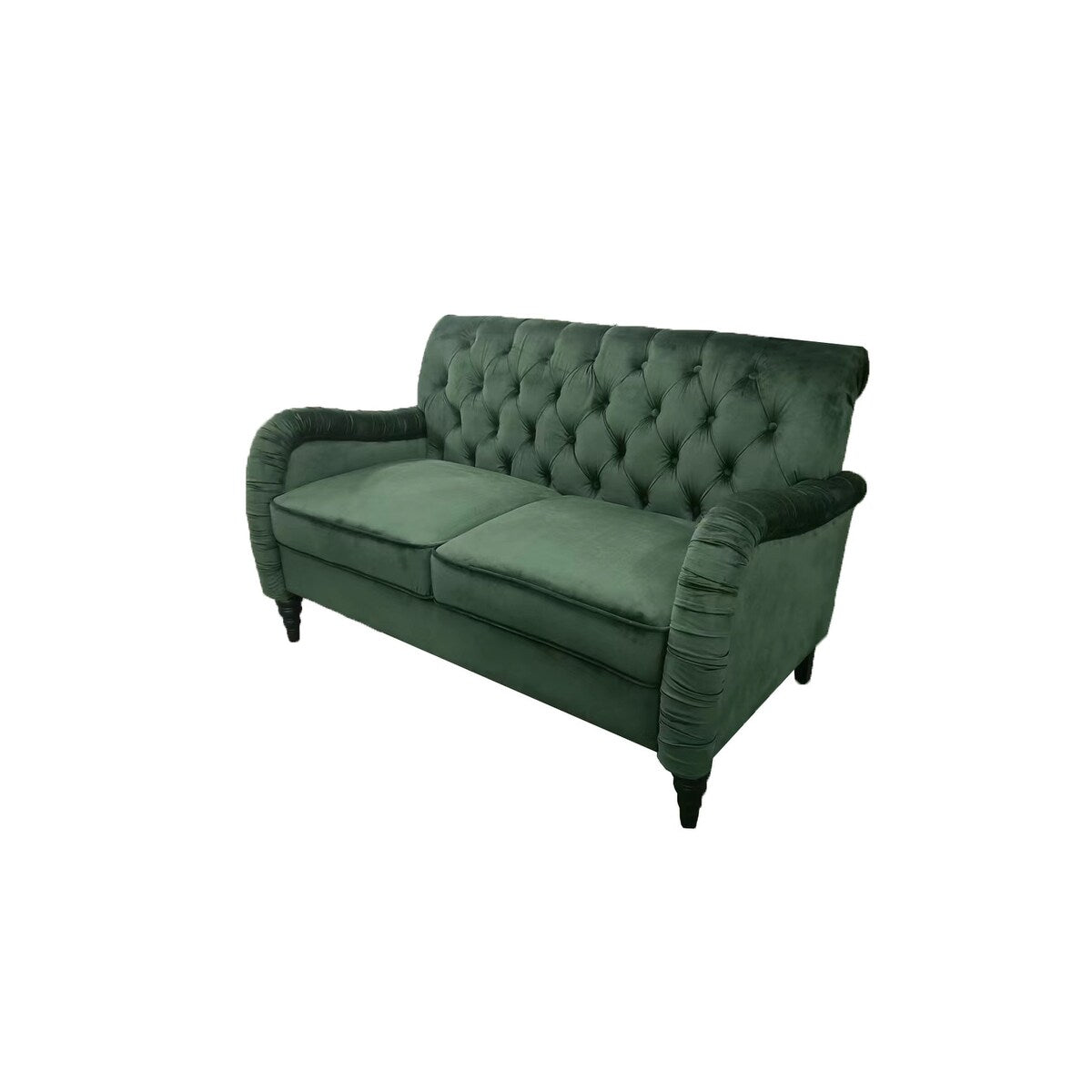 Blackish Green Buttons Tufted Velvet Loveseater Sofa w/ Wrinkled Arms