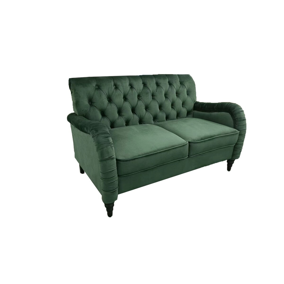 Blackish Green Buttons Tufted Velvet Loveseater Sofa w/ Wrinkled Arms