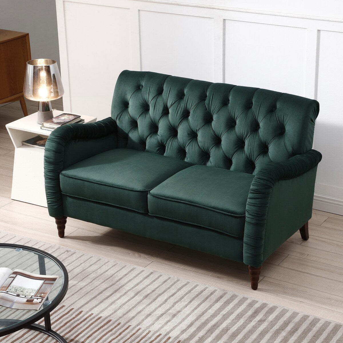 Blackish Green Buttons Tufted Velvet Loveseater Sofa w/ Wrinkled Arms