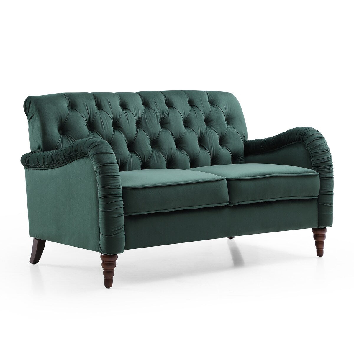 Blackish Green Buttons Tufted Velvet Loveseater Sofa w/ Wrinkled Arms