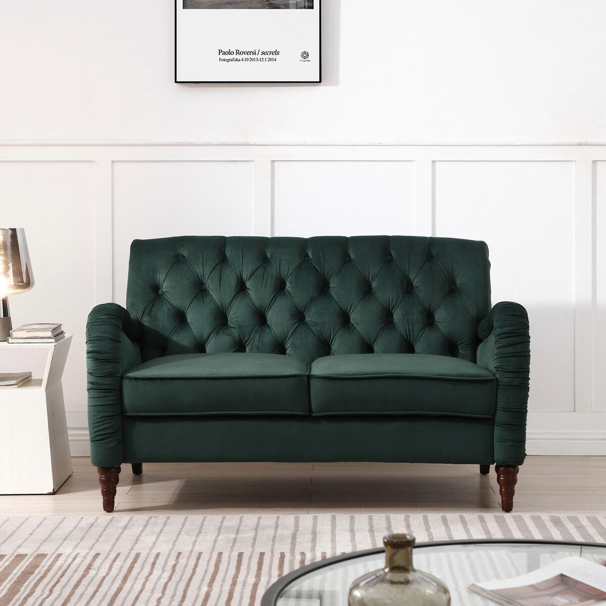 Blackish Green Buttons Tufted Velvet Loveseater Sofa w/ Wrinkled Arms