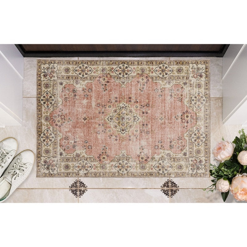 Blanton Machine Washable Floral Pastel Pink/Ivory Area Rug