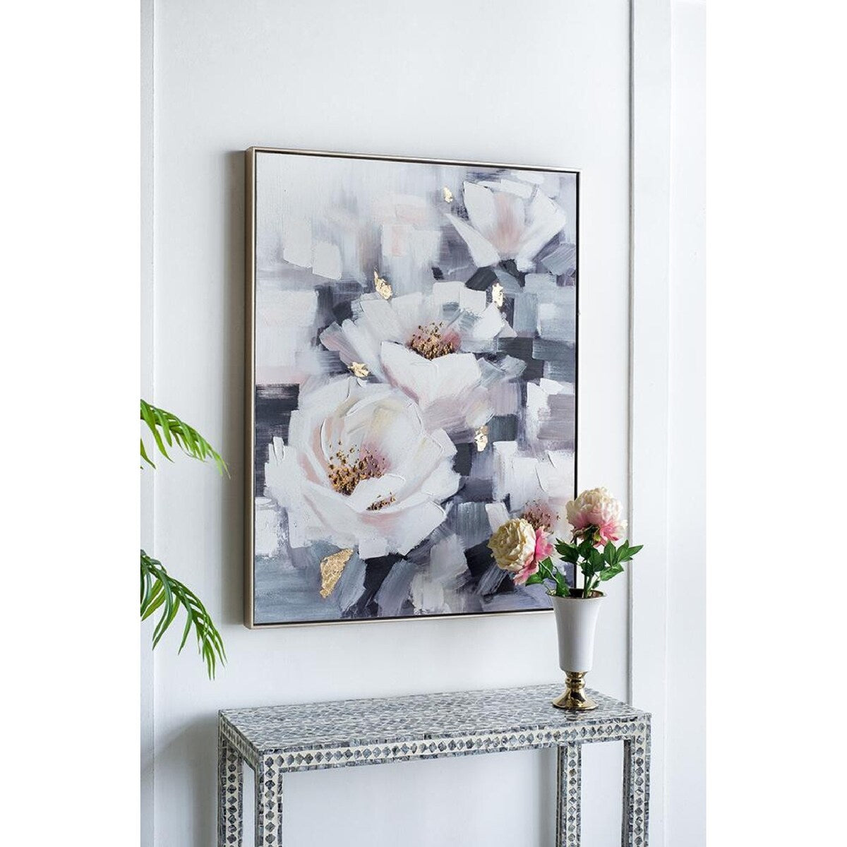 Blooming White Florals Framed Hand-Painted Wall Art - Champagne Frame