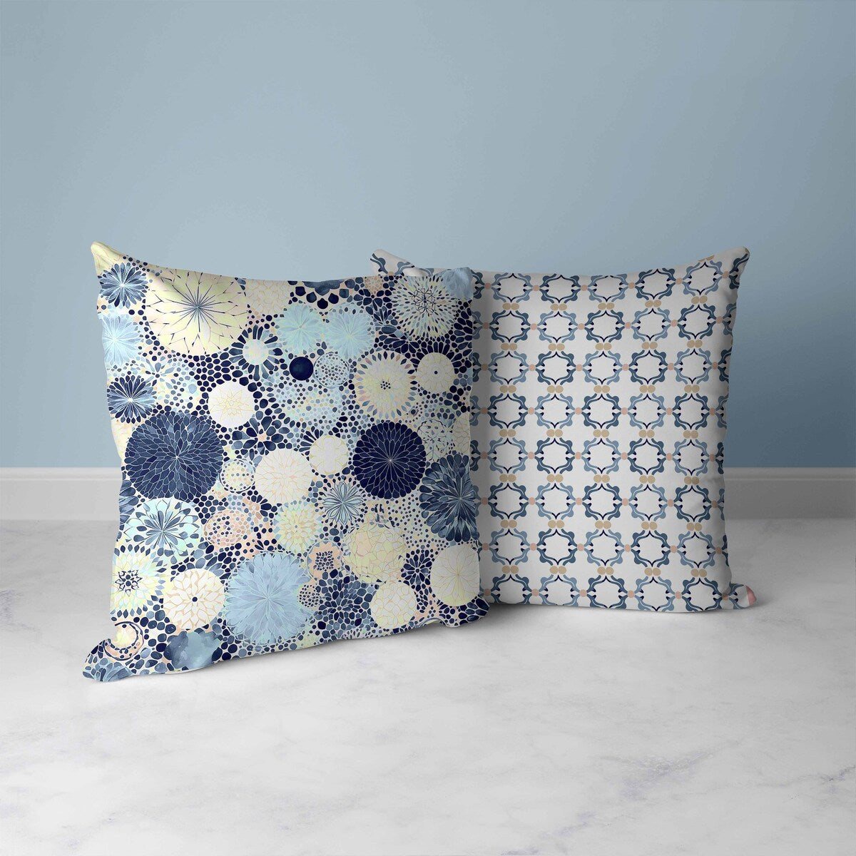 Blue And Cream Crystal Drift Indoor/Outdoor Throw Pillow Zipper