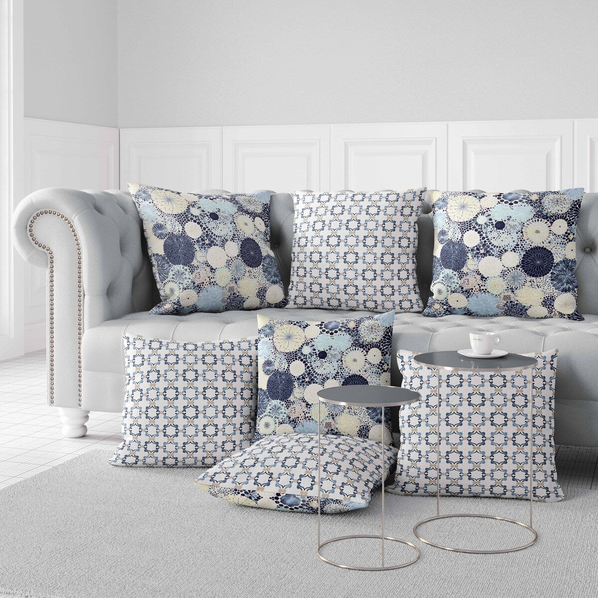 Blue And Cream Crystal Drift Indoor/Outdoor Throw Pillow Zipper
