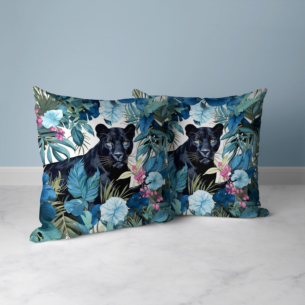 Blue And Pink Panther Tropic Twilight Faux Suede Throw Pillow