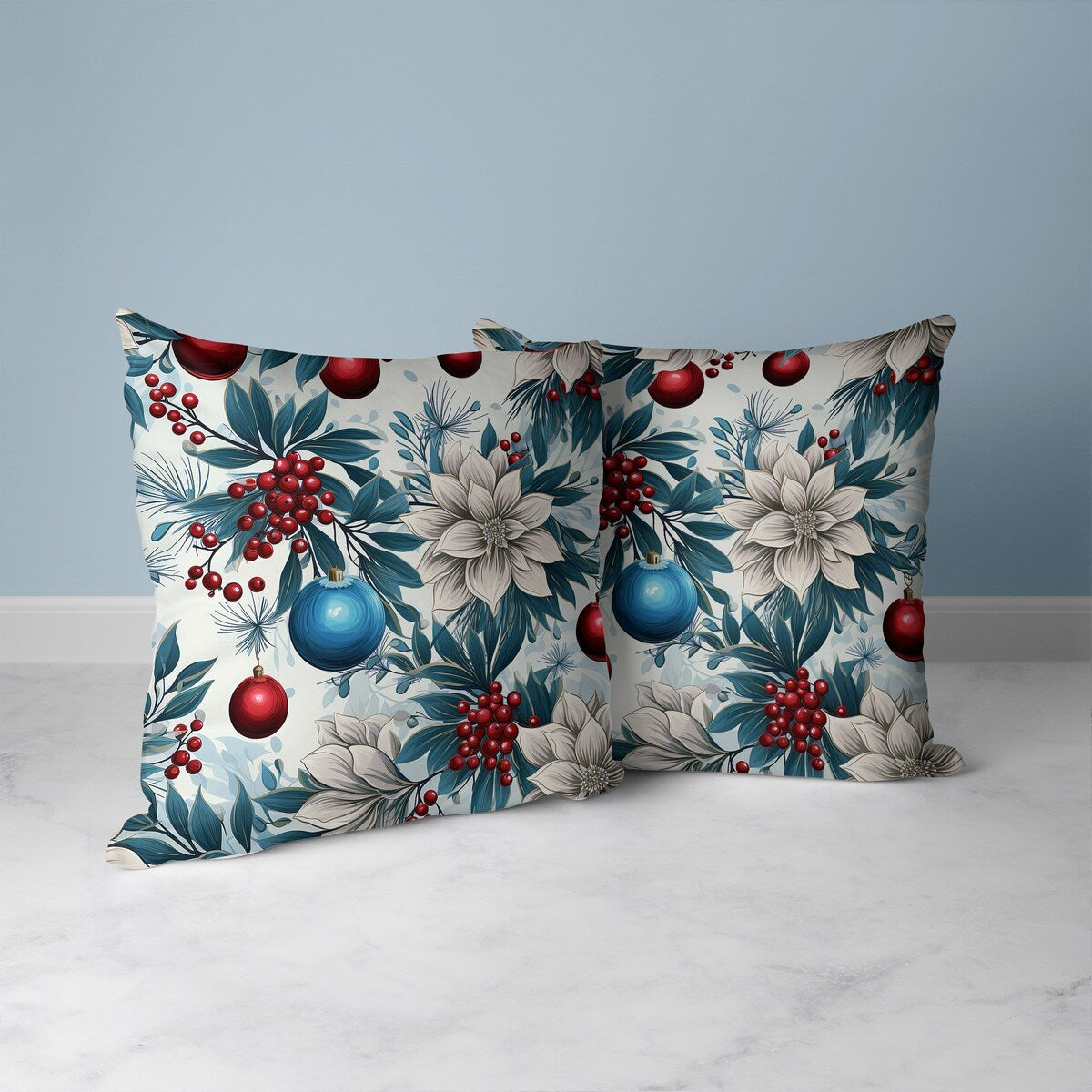 Blue And Red Festive Flurries Faux Suede Throw Pillow