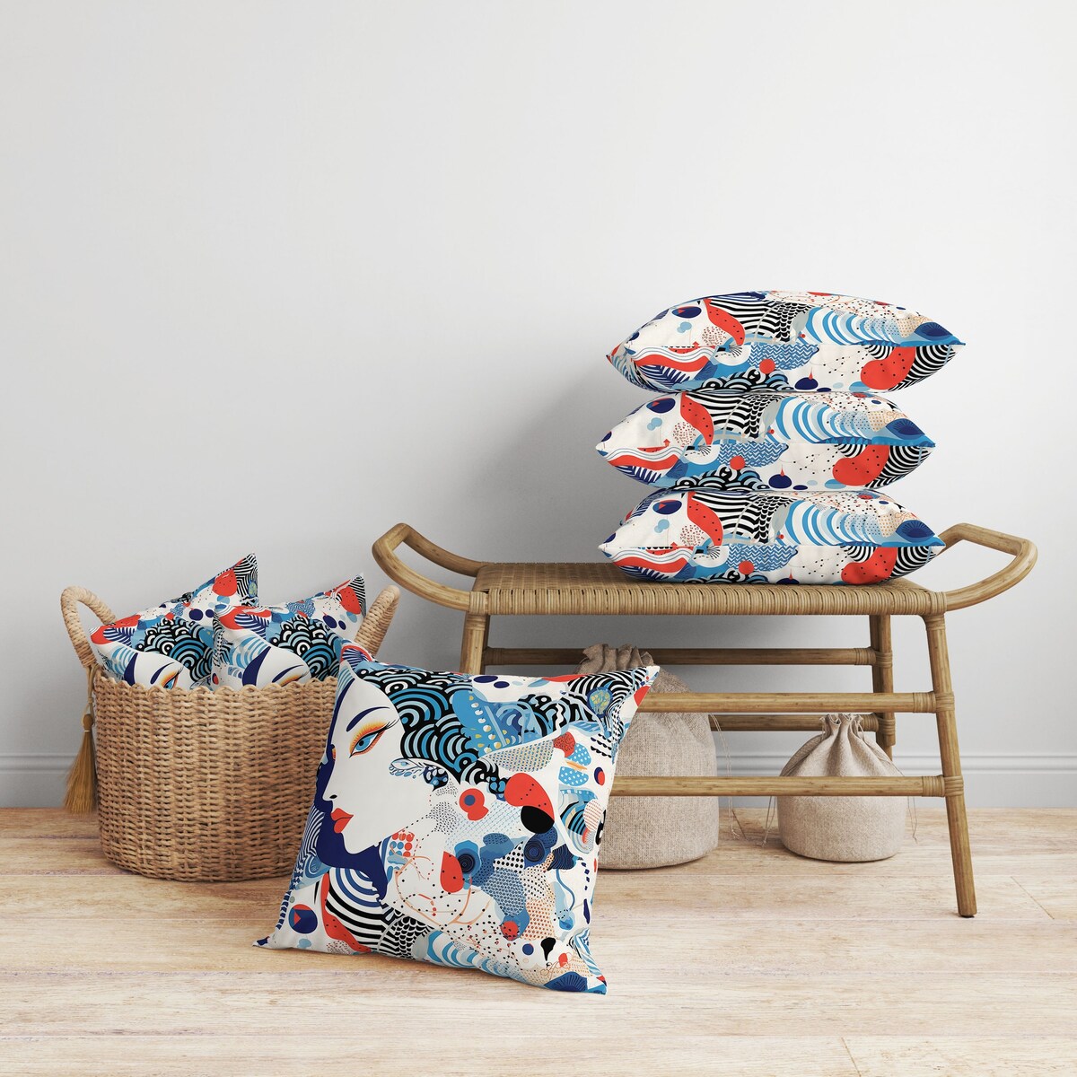 Blue And Red Modern Magic Indoor/Outdoor Throw Pillow Zipper