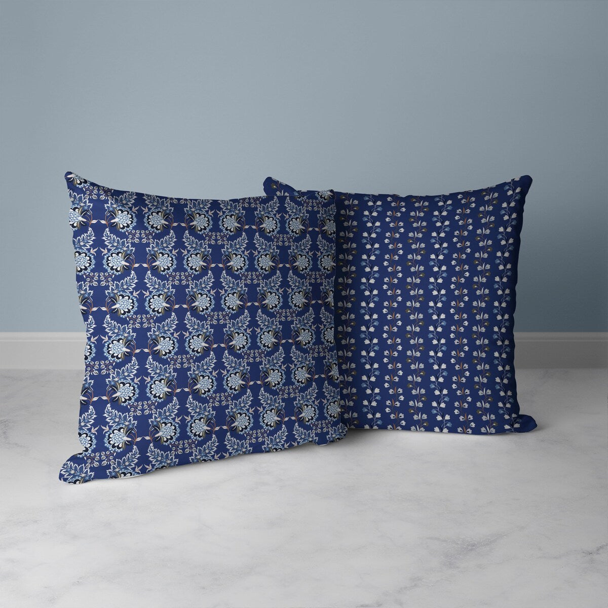 Blue And Silver Botanical Bouquet Indoor/Outdoor Throw Pillow