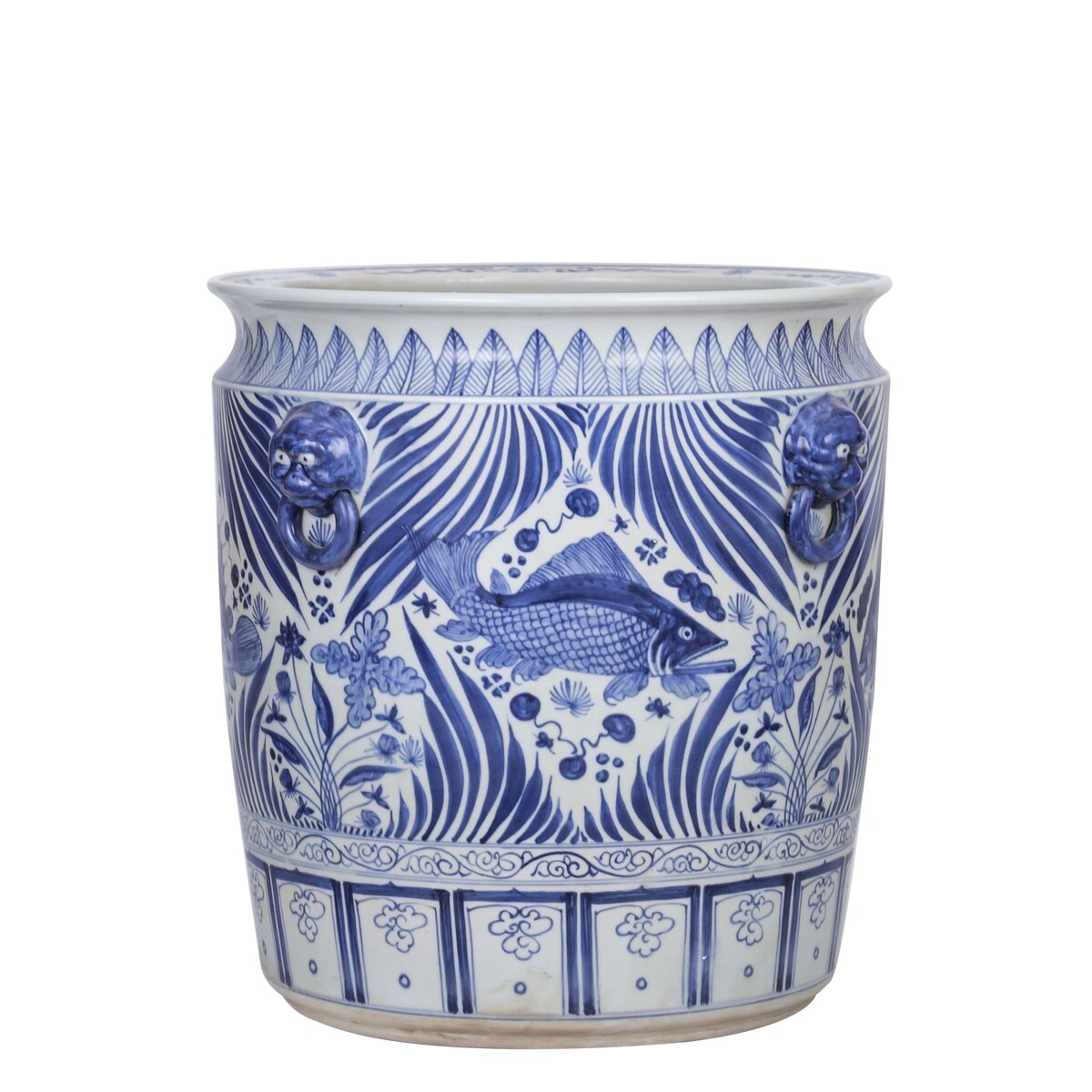 Blue And White Porcelain Fish Planter With Lion Handle