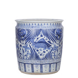 Blue And White Porcelain Fish Planter With Lion Handle