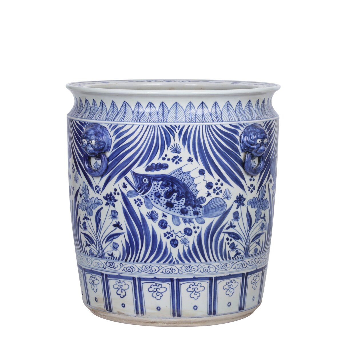 Blue And White Porcelain Fish Planter With Lion Handle