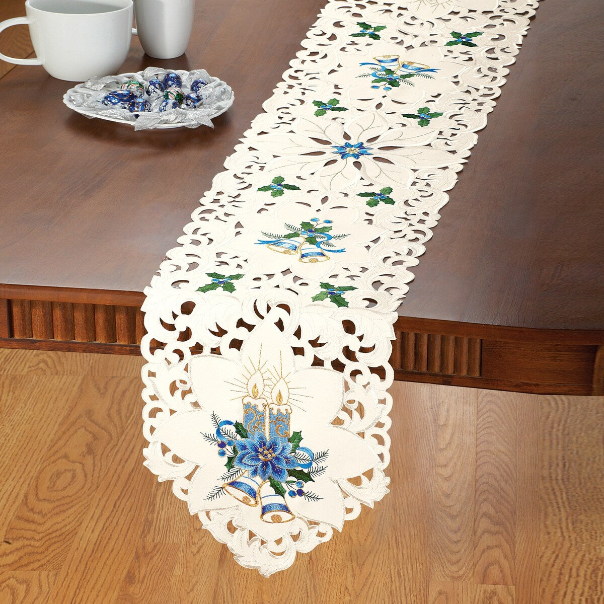 Blue Candles Christmas Table Linens