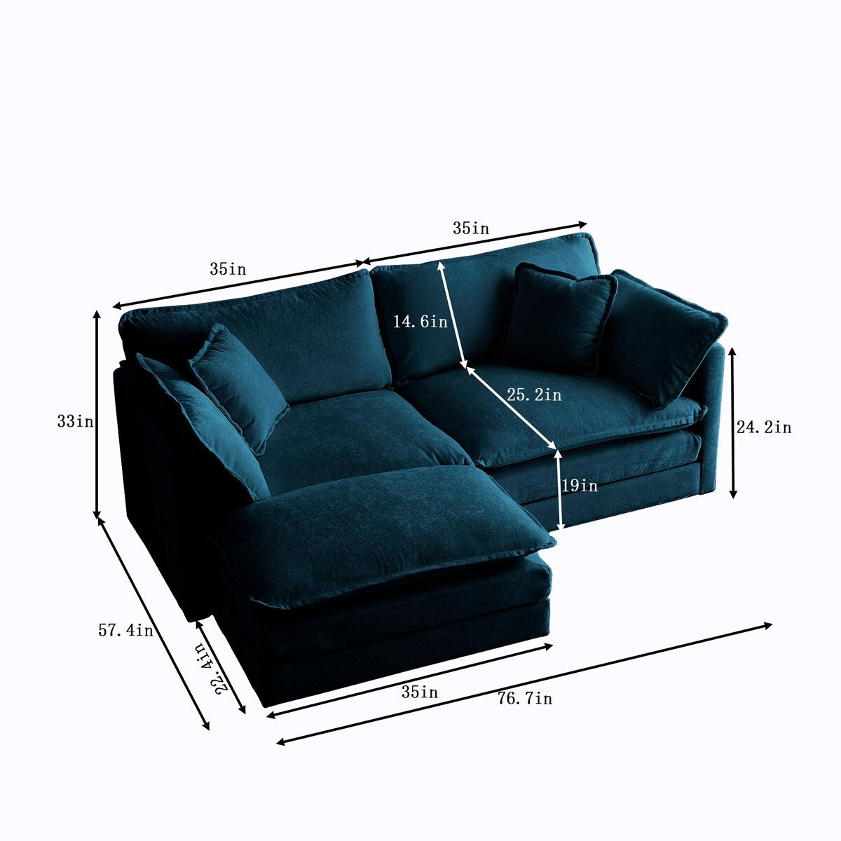 Blue Chenille Two-Seater Sectional Sofa with Ottoman, Modular Loveseat for Small Living Spaces