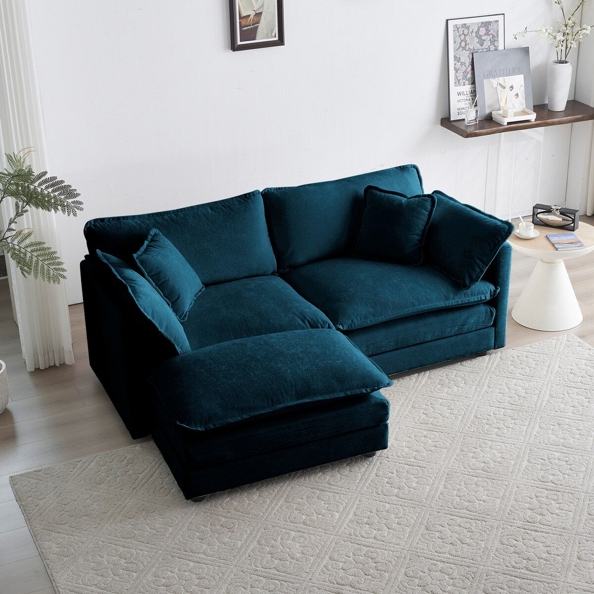 Blue Chenille Two-Seater Sectional Sofa with Ottoman, Modular Loveseat for Small Living Spaces