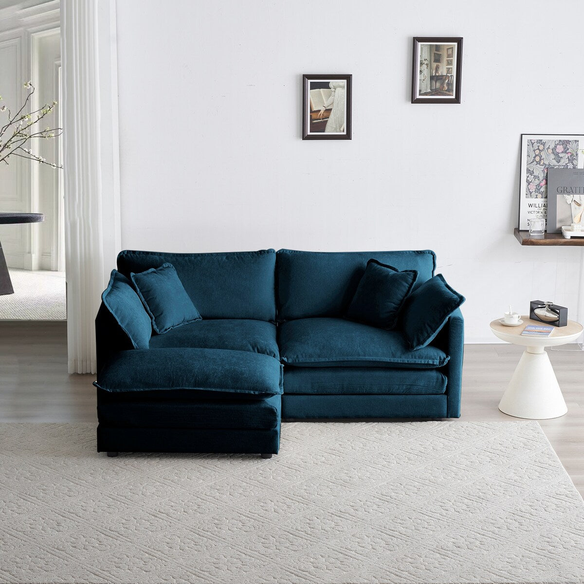 Blue Chenille Two-Seater Sectional Sofa with Ottoman, Modular Loveseat for Small Living Spaces