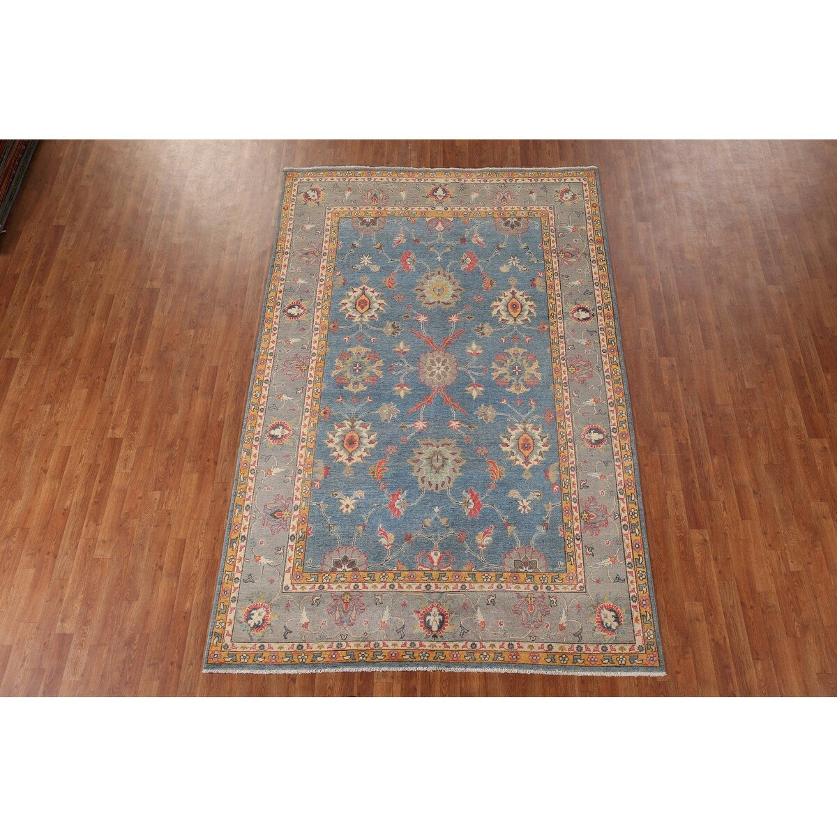 Blue Floral Oushak Oriental Area Rug Handmade Wool Carpet - 6'7" x 10'4"