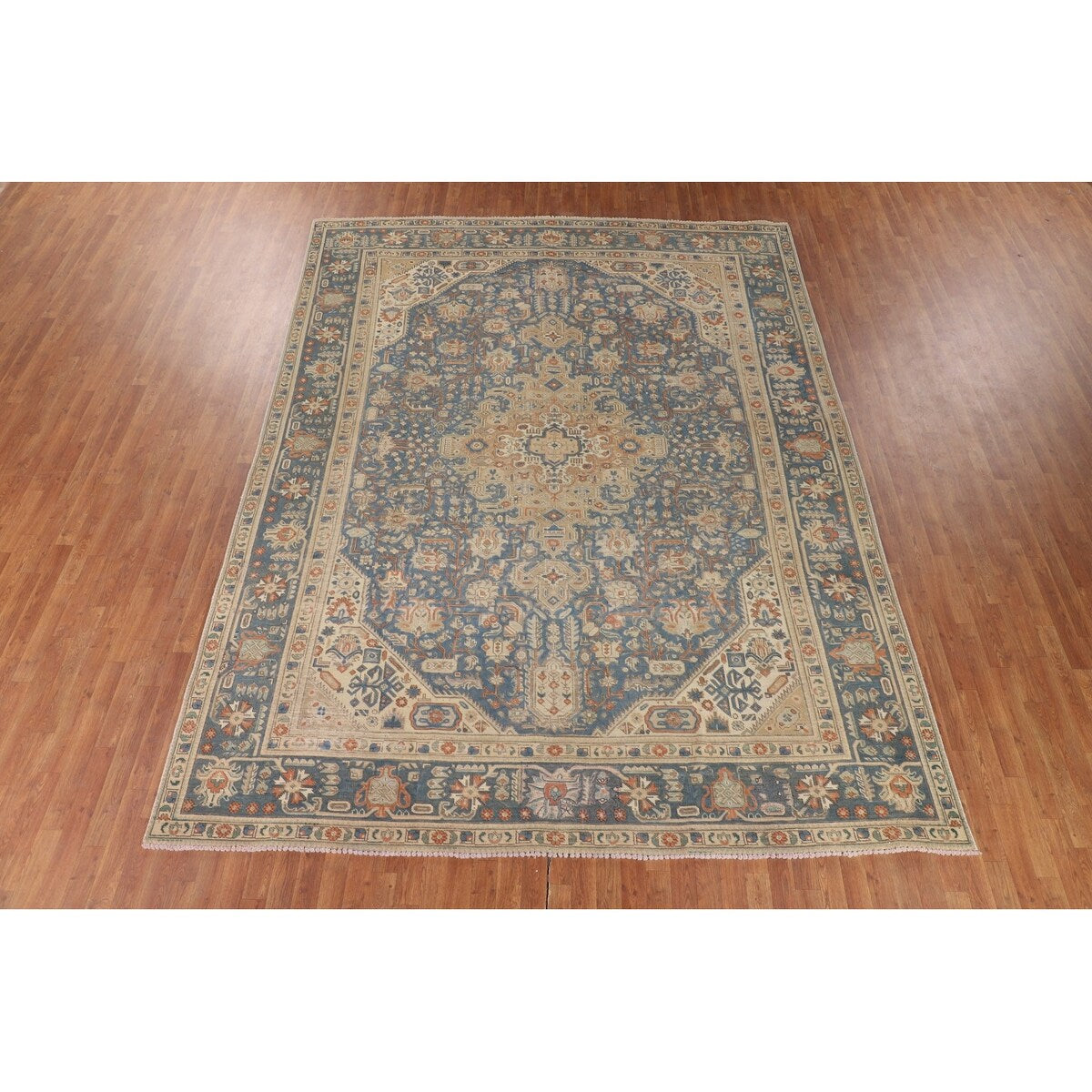 Blue Floral Tabriz Persian Vintage Area Rug Handmade Wool Carpet - 9'6" x 12'7"