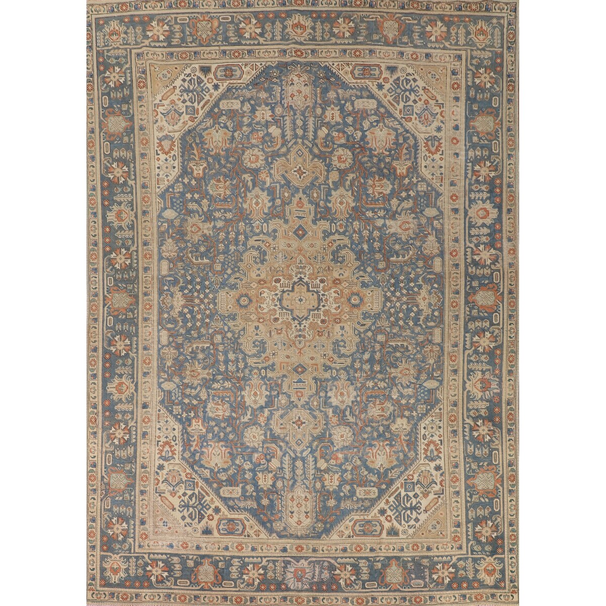 Blue Floral Tabriz Persian Vintage Area Rug Handmade Wool Carpet - 9'6" x 12'7"