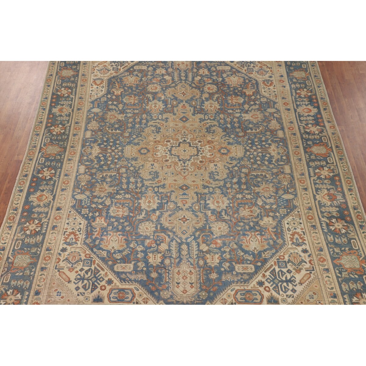 Blue Floral Tabriz Persian Vintage Area Rug Handmade Wool Carpet - 9'6" x 12'7"