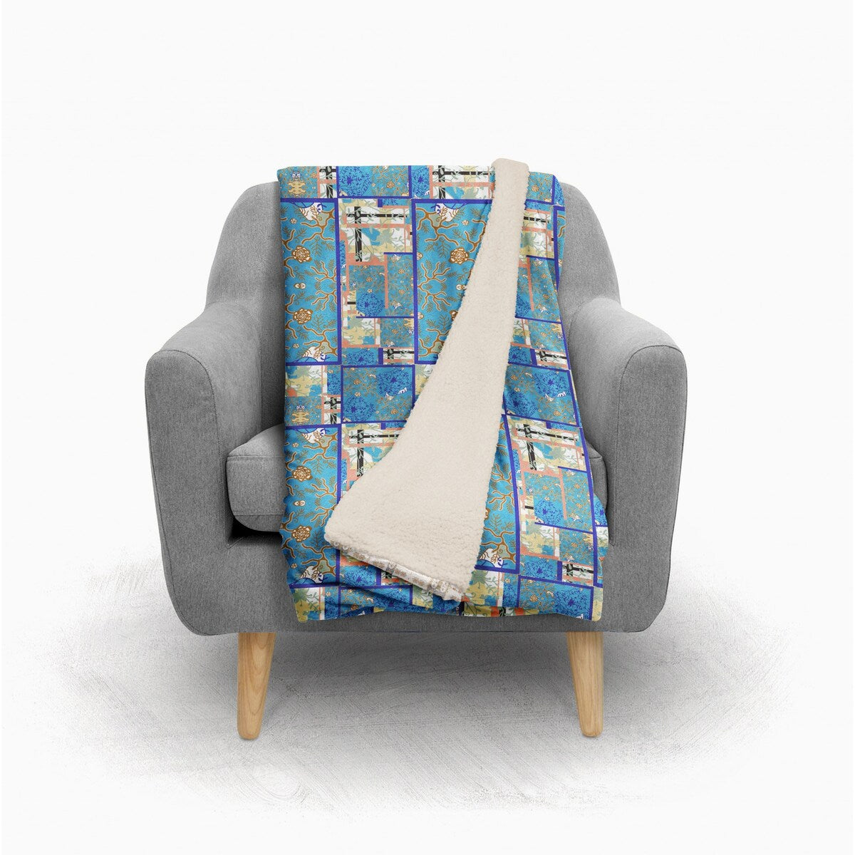 Blue Floral Zen Patchwork Fleece and Sherpa Throw Blanket