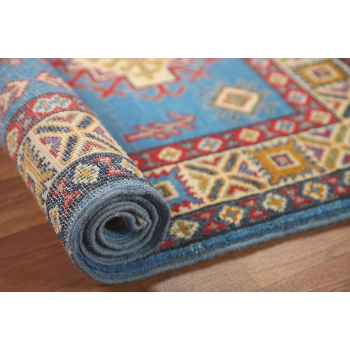 Blue Geometric Kazak Accent Rug Hand-Knotted Bedroom Wool Carpet - 2'7" x 4'0"