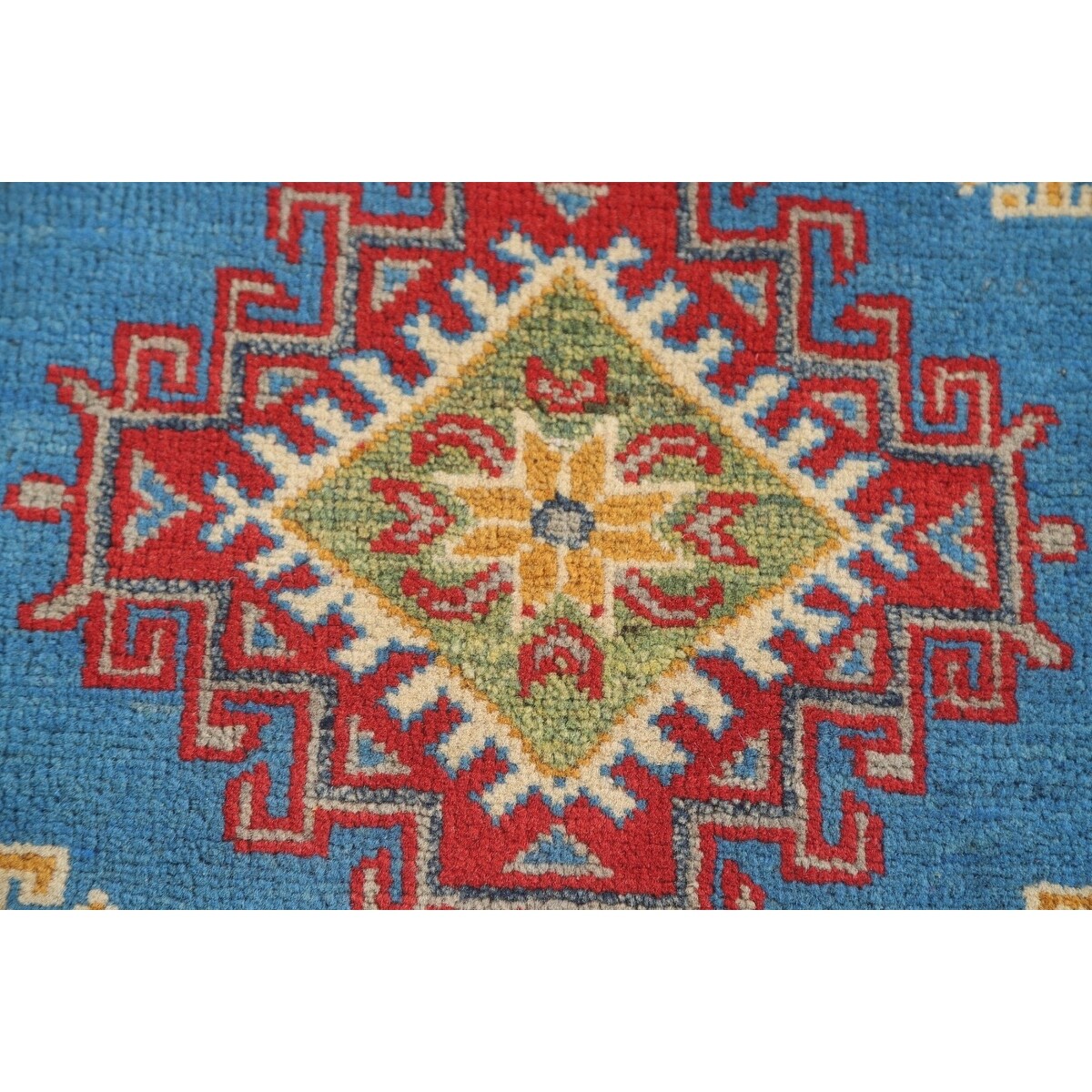 Blue Geometric Kazak Accent Rug Hand-Knotted Bedroom Wool Carpet - 2'7" x 4'0"