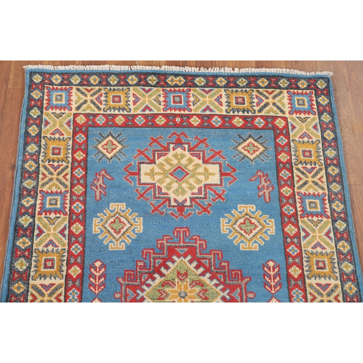 Blue Geometric Kazak Accent Rug Hand-Knotted Bedroom Wool Carpet - 2'7" x 4'0"