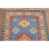 Blue Geometric Kazak Accent Rug Hand-Knotted Bedroom Wool Carpet - 2'7" x 4'0"
