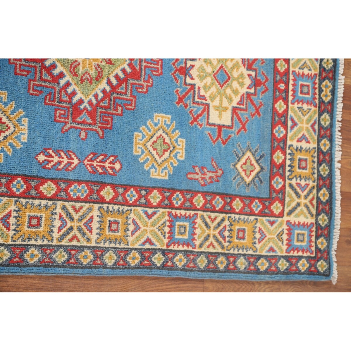 Blue Geometric Kazak Accent Rug Hand-Knotted Bedroom Wool Carpet - 2'7" x 4'0"