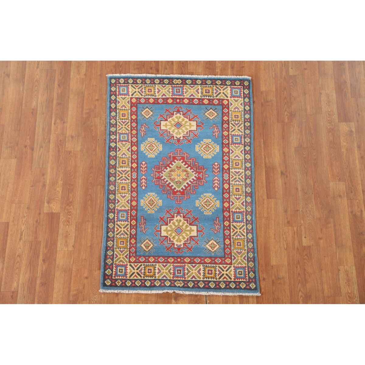 Blue Geometric Kazak Accent Rug Hand-Knotted Bedroom Wool Carpet - 2'7" x 4'0"