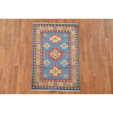 Blue Geometric Kazak Accent Rug Hand-Knotted Bedroom Wool Carpet - 2'7" x 4'0"