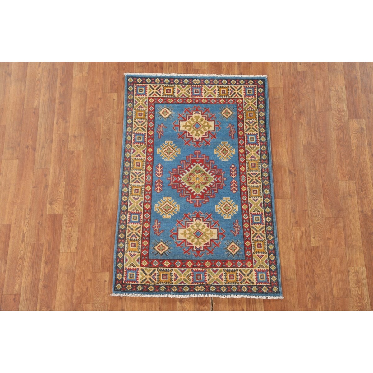Blue Geometric Kazak Accent Rug Hand-Knotted Bedroom Wool Carpet - 2'7" x 4'0"