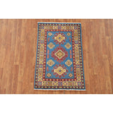 Blue Geometric Kazak Accent Rug Hand-Knotted Bedroom Wool Carpet - 2'7" x 4'0"