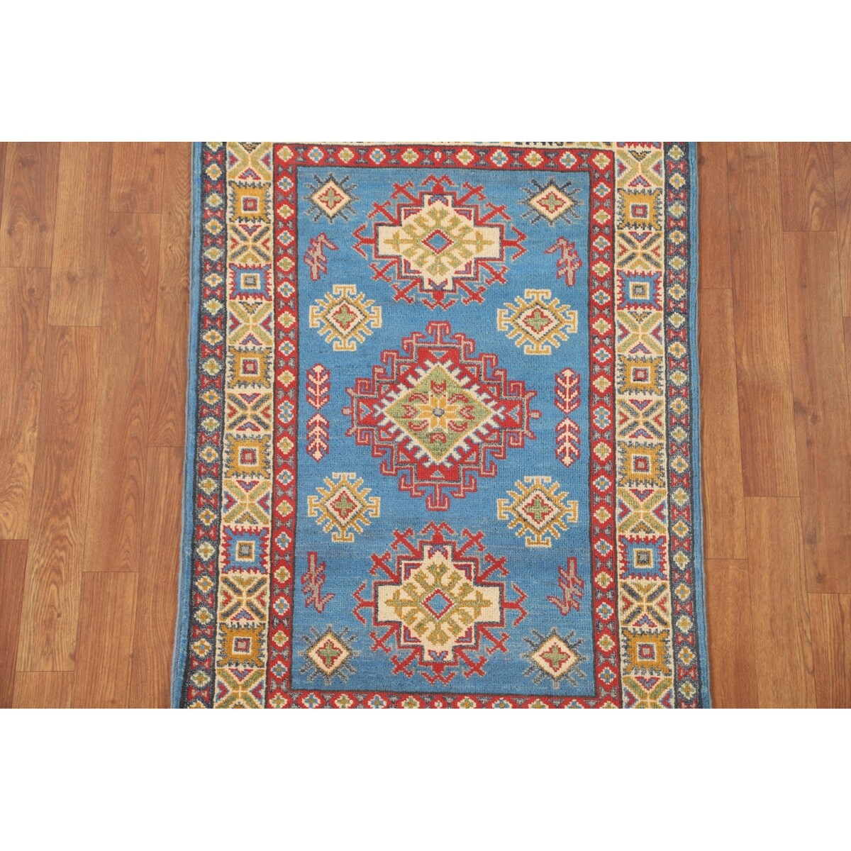 Blue Geometric Kazak Accent Rug Hand-Knotted Bedroom Wool Carpet - 2'7" x 4'0"