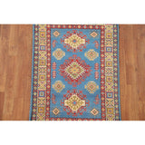 Blue Geometric Kazak Accent Rug Hand-Knotted Bedroom Wool Carpet - 2'7" x 4'0"