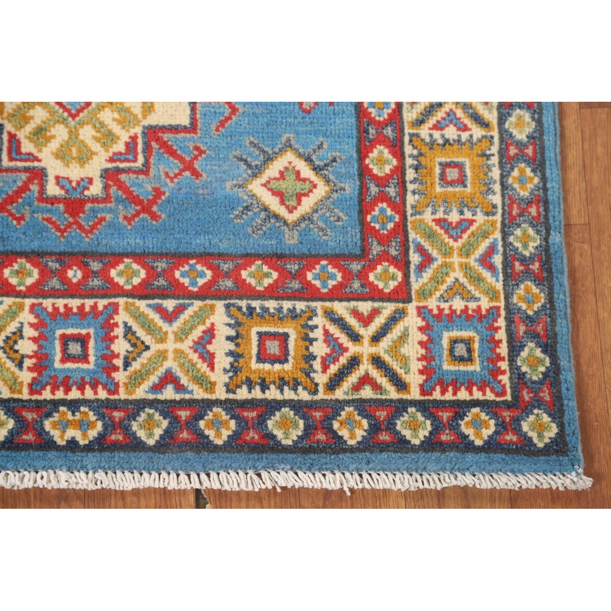 Blue Geometric Kazak Accent Rug Hand-Knotted Bedroom Wool Carpet - 2'7" x 4'0"