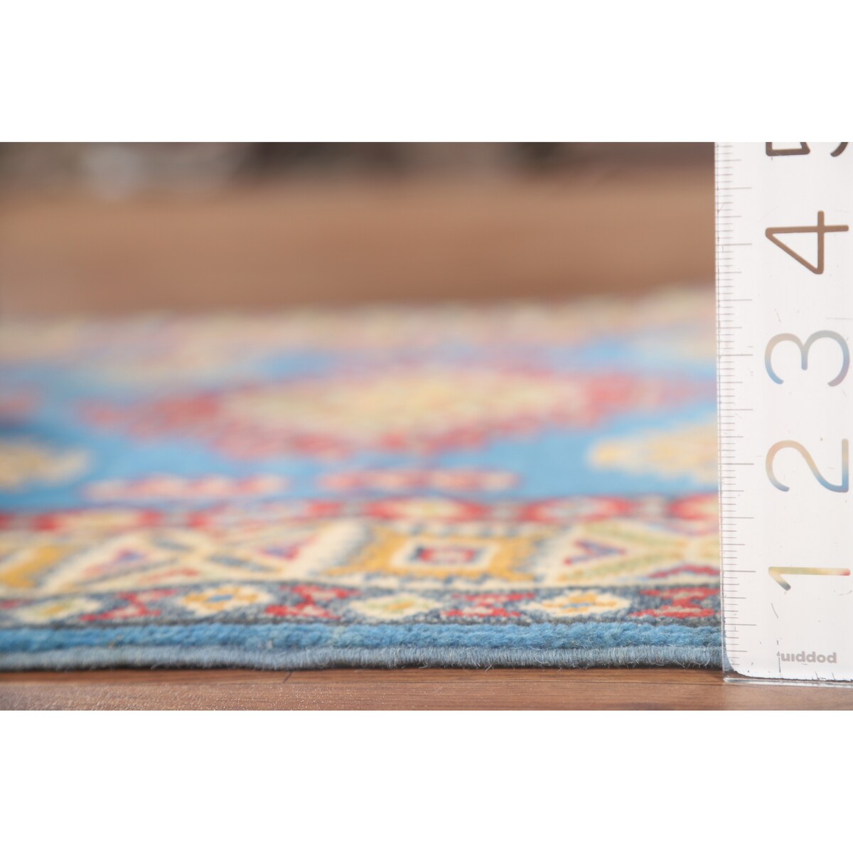 Blue Geometric Kazak Accent Rug Hand-Knotted Bedroom Wool Carpet - 2'7" x 4'0"